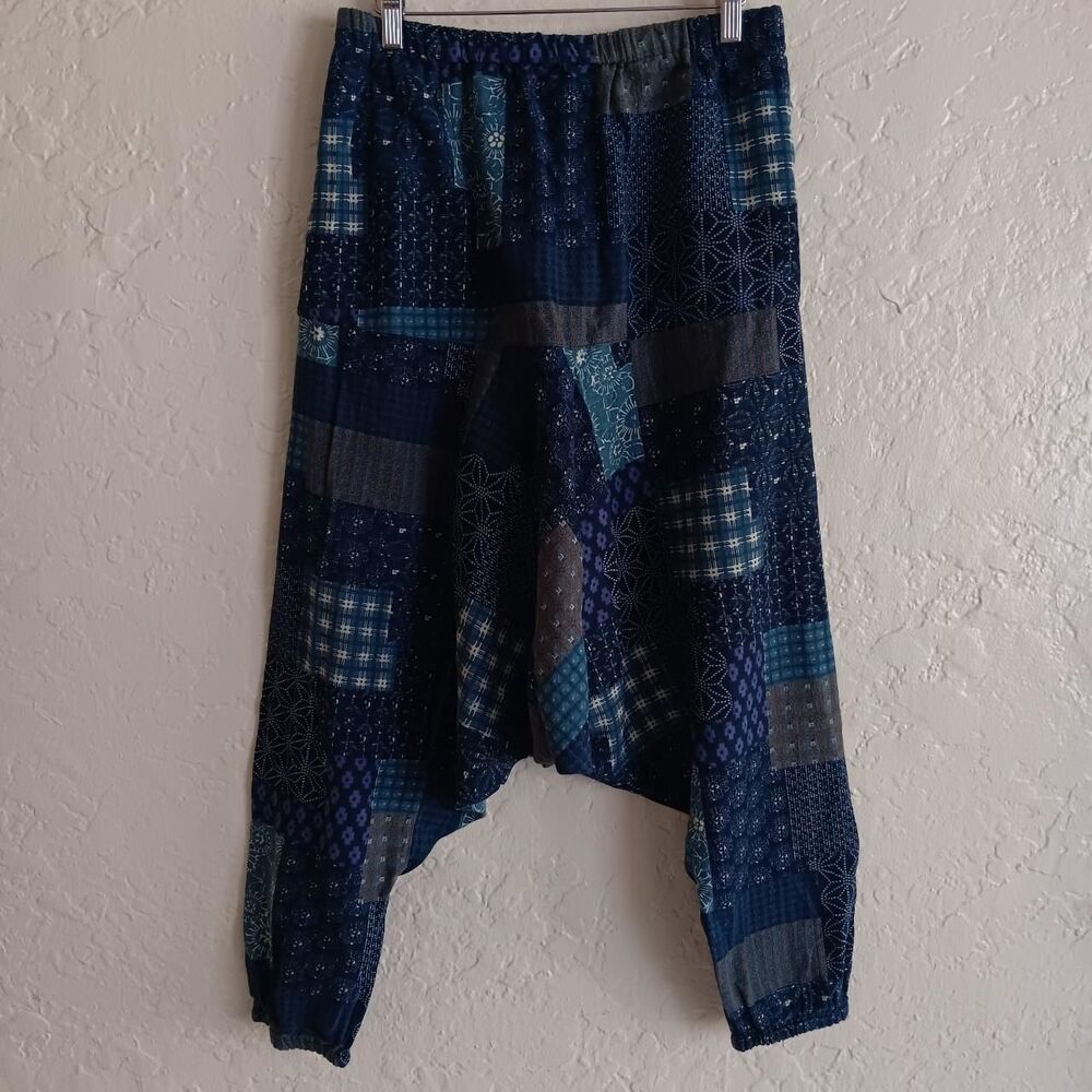 Patchwork Print Harem Pants Medium Men Blue Multi… - image 1